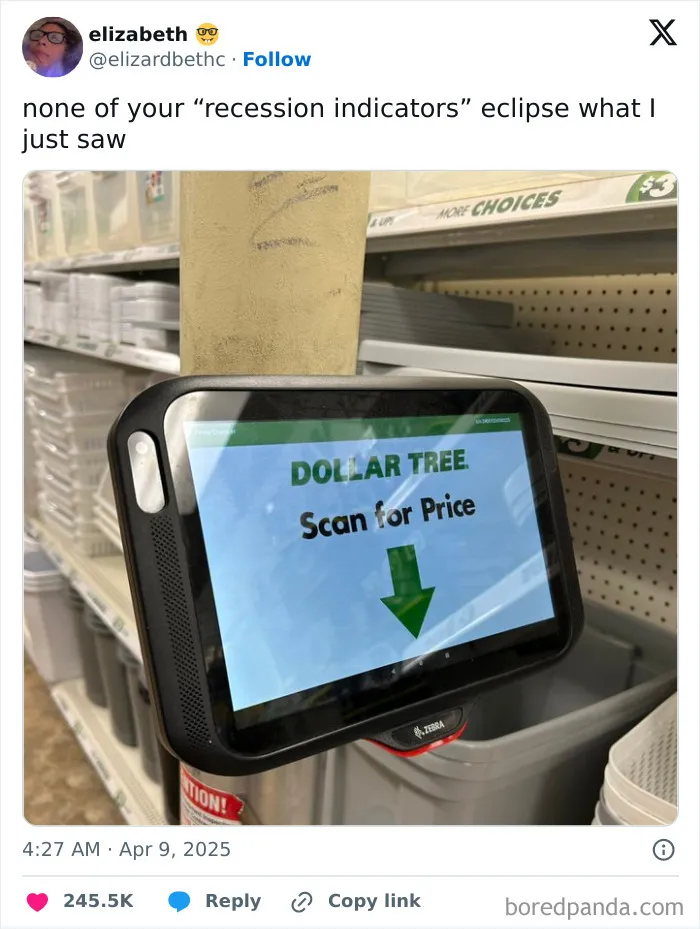 Funniest tweet of the month with a Dollar Tree scan for price sign on a screen in a store aisle.