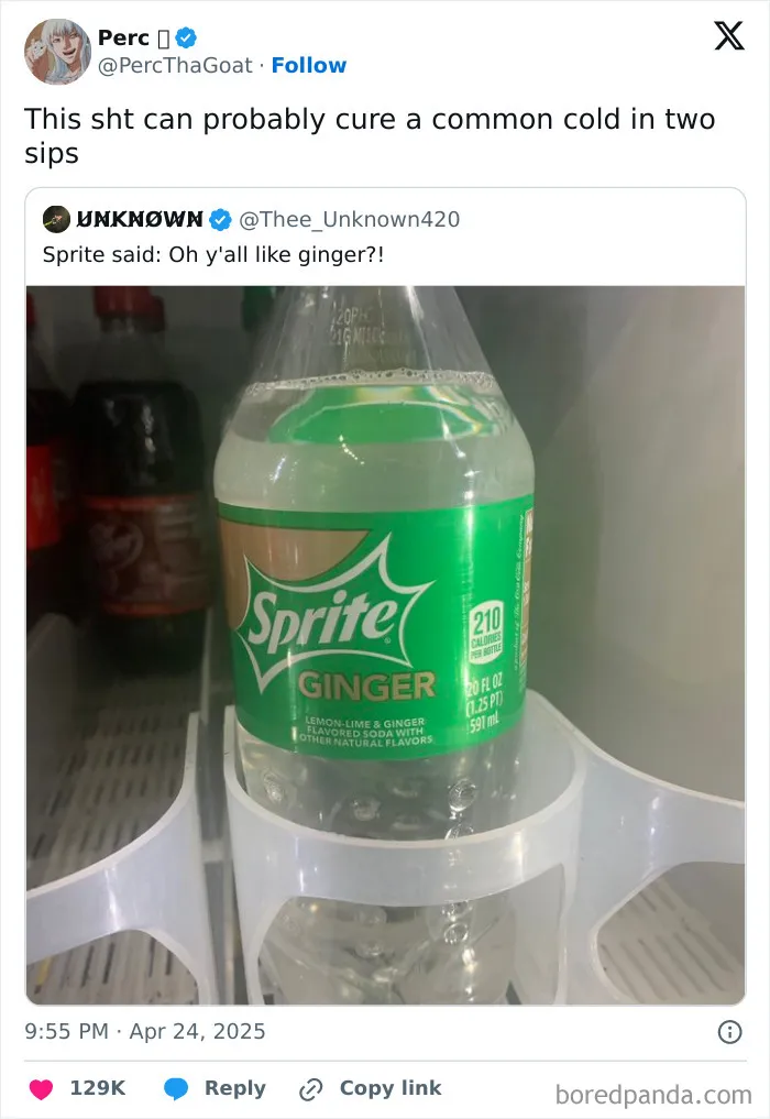 Bottle of Sprite Ginger soda in a fridge, featured in funny and random shower thoughts shared on social media.
