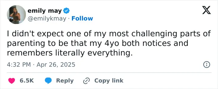 Funny parenting tweet about a 4-year-old noticing everything, shared by Emily May.