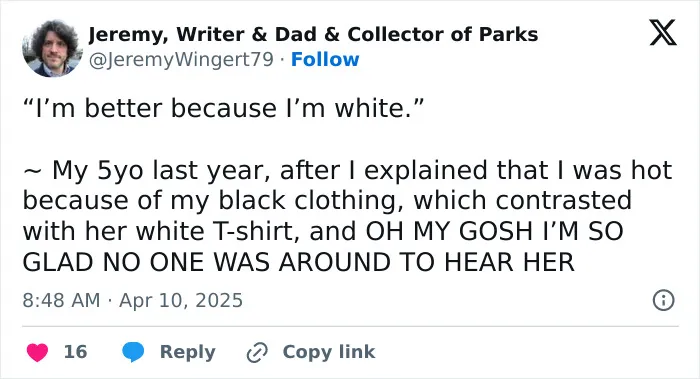 Funny tweet by a parent sharing a humorous quote from their 5-year-old about clothing color contrast.