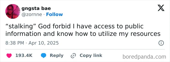 Tweet by user @zorinne humorously addresses using public info, part of April's funniest tweets series.