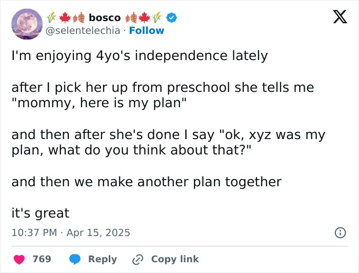 Funny tweet from a parent enjoying their 4-year-old's independence by planning together.