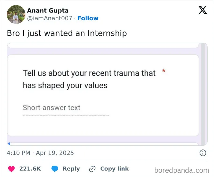 Tweet features a request for trauma insights on an internship application, highlighting humorous context.