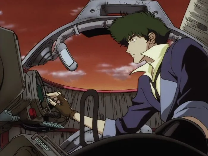 Anime scene with a character piloting a spacecraft, demonstrating consistent excellence from start to finish.