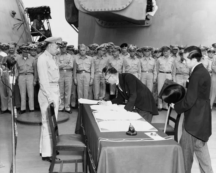 Mamoru Shigemitsu Signs The Instrument Of Surrender, Officially Ending The Second World War, 2 September 1945
