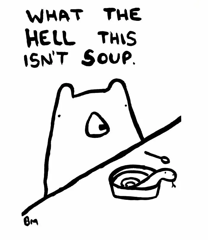 Bear comic by Billy Murphy, depicting a surprised bear with a snake in a bowl instead of soup.
