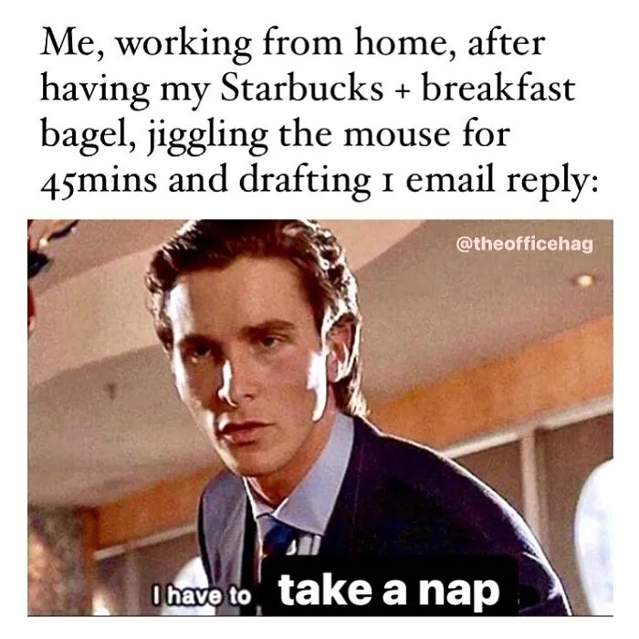 Man in a suit expressing tiredness in a work meme about working from home, relatable to struggling employees.