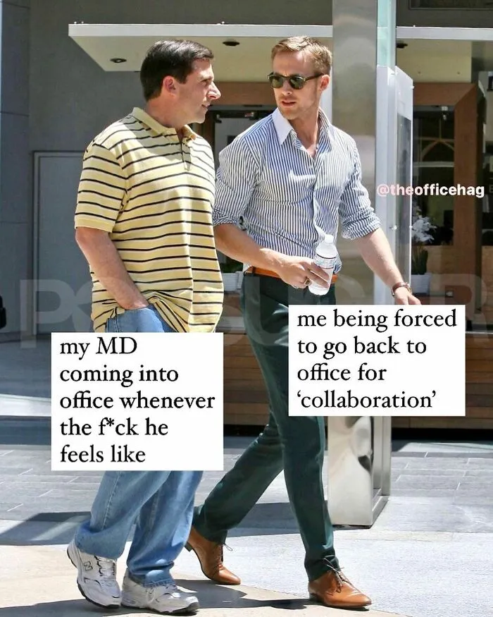 Two men walking and discussing work memes, highlighting frustrations of returning to the office.
