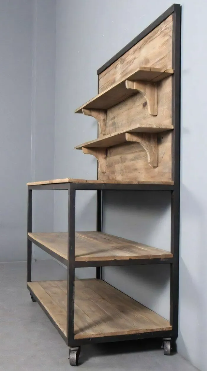 Woodworking ideas shelving unit with rustic wooden shelves and black metal frame on caster wheels in a modern space.