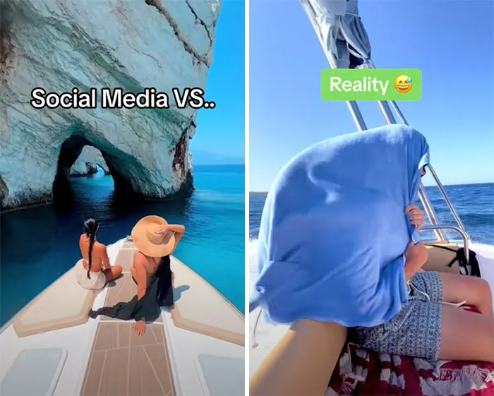 Dos imágenes de Instagram vs realidad en un bote: una con escenario perfecto, otra con persona cubriéndose con una toalla.