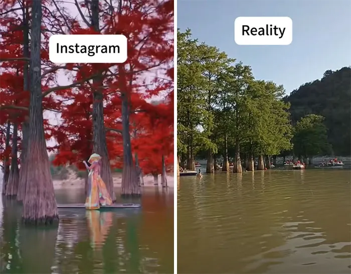 Comparación entre Instagram y la realidad: persona en lago con árboles intensos vs. escena natural.