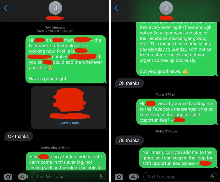 Text messages show frustrating conversations with a boss about work schedule and Facebook group.