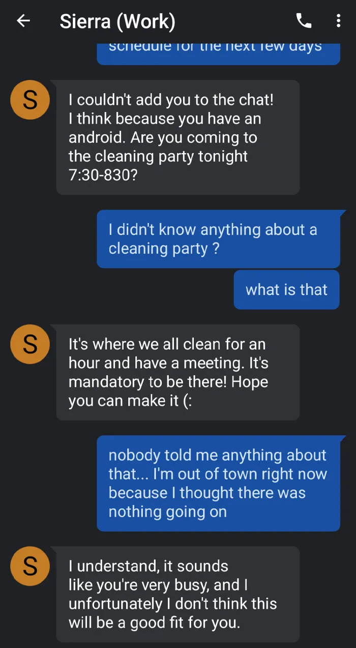 Got Fired From My Job Because I Couldn't Come To A Cleaning Party On 2 Hour Notice