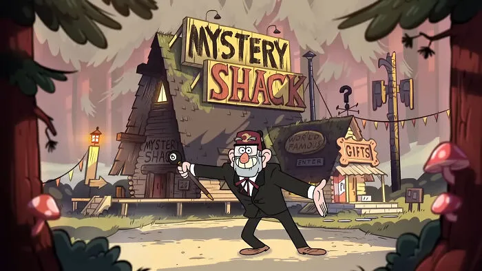 Animated character in front of a quirky wooden shop labeled "Mystery Shack" with forest surroundings.