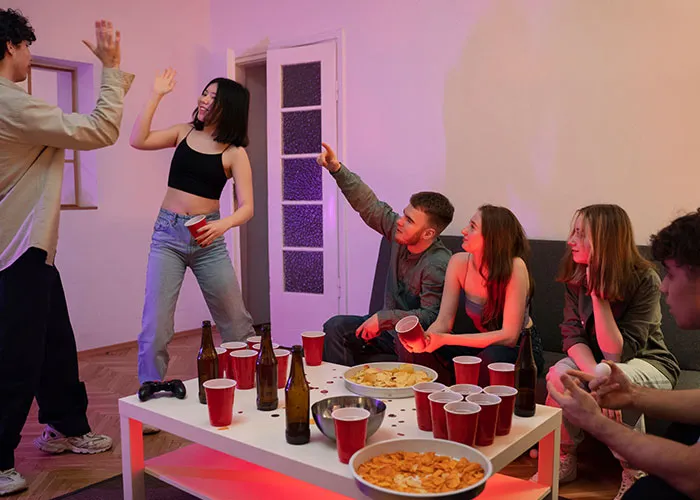 Grupo de jóvenes en una fiesta con bebidas y snacks, ambiente festivo y relajado.