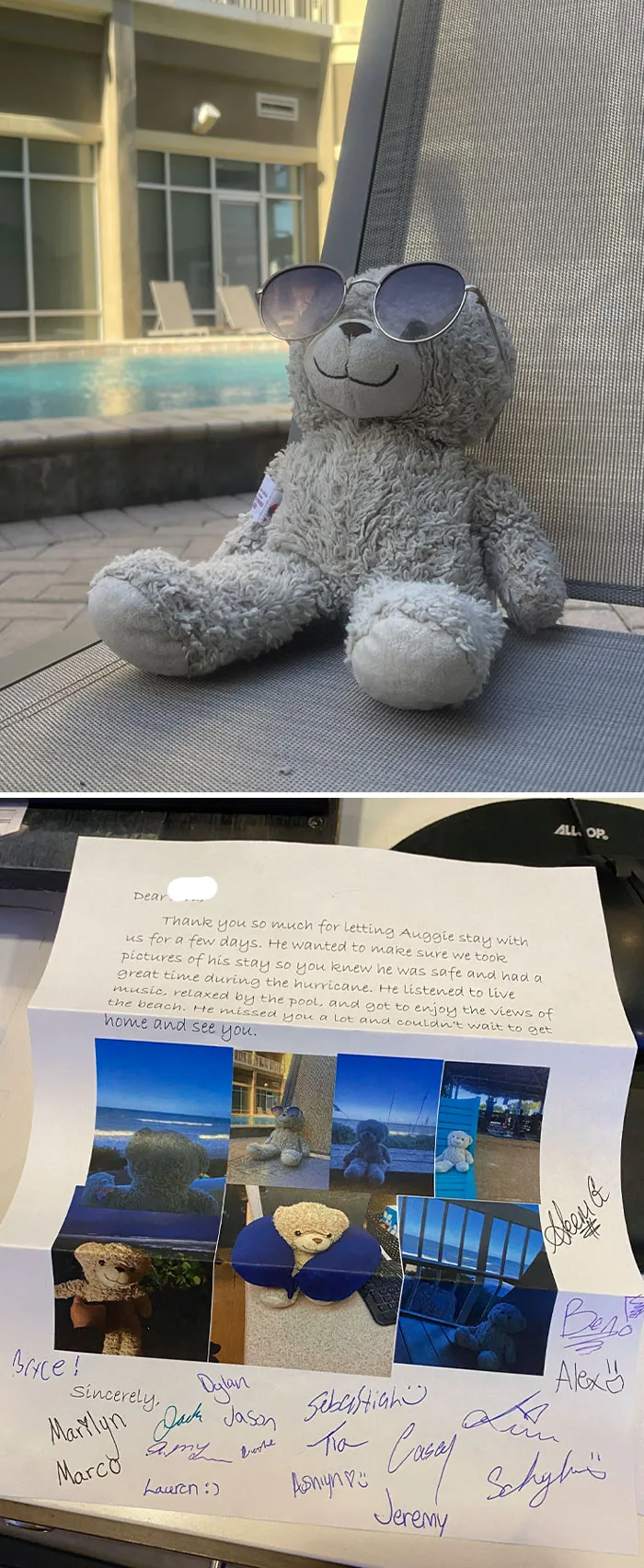 Hace aproximadamente una semana, una niña dejó su osito de peluche en nuestro hotel. Nos aseguramos de que Auggie tuviera una aventura increíble antes de que lo enviaran de vuelta a casa.