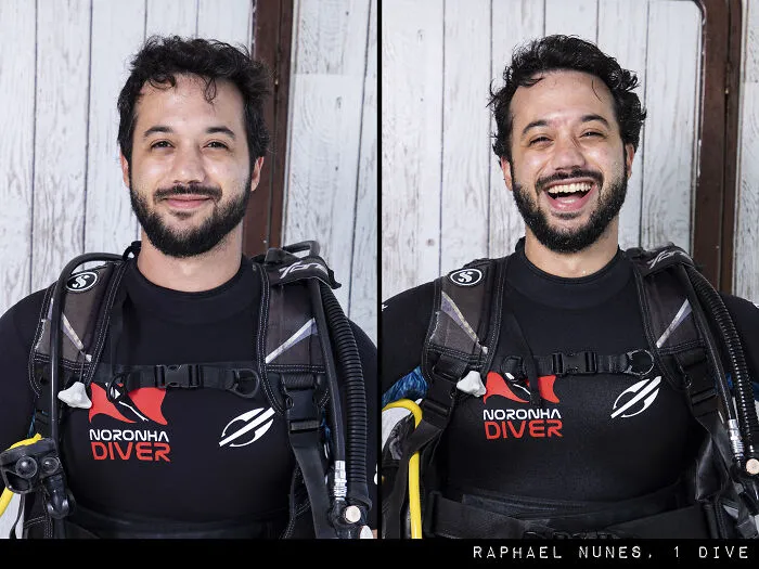 Diver smiling before and after a jump, showcasing raw portraits by Marcos Alberti.