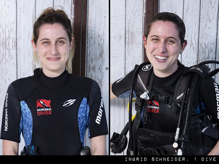 Woman smiling before and after scuba dive, wearing a wetsuit and diving gear.
