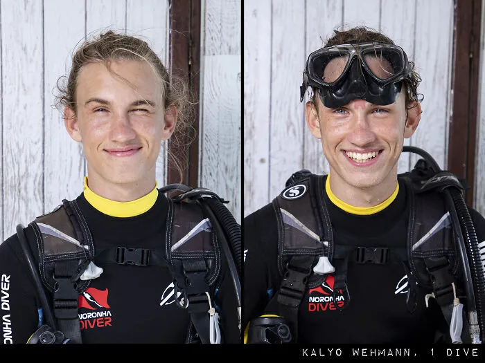 Person in diving gear before and after a jump, smiling with wet hair, captured by Marcos Alberti in raw portraits series.