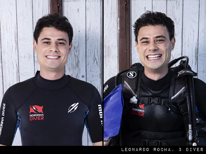 Man before and after a dive, smiling and wearing diving gear, part of a series by Marcos Alberti.