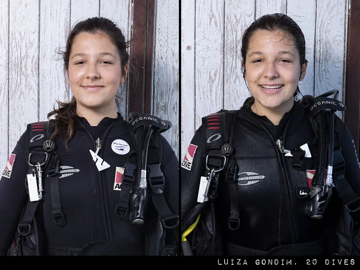 Person in diving gear, smiling before and after a dive, showcasing emotions captured by Marcos Alberti.
