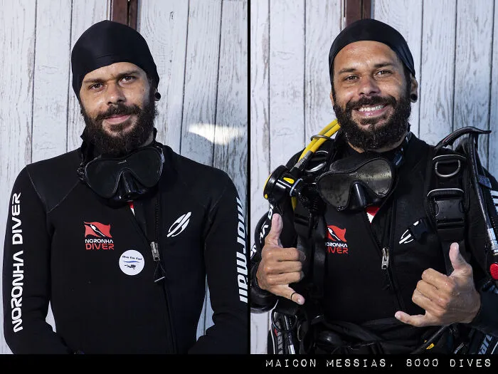 Diver before and after the jump, in scuba gear, illustrating a transformation captured in raw portraits by Marcos Alberti.
