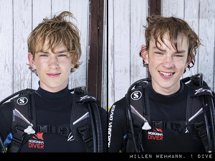 Young diver before and after dive, smiling with wet hair, in scuba gear, part of raw portraits collection by Marcos Alberti.