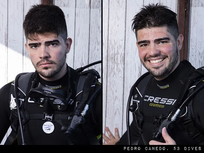 Man in diving gear, pre and post-jump, showcasing "Dive To Be Alive" transformation, smiling after his dive.