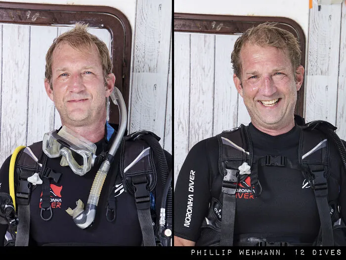 Diver portrait before and after diving, showcasing emotions in scuba gear.