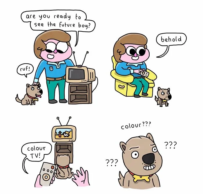 Dog in comic strip reacting to color TV, artistically depicting technology surprise.