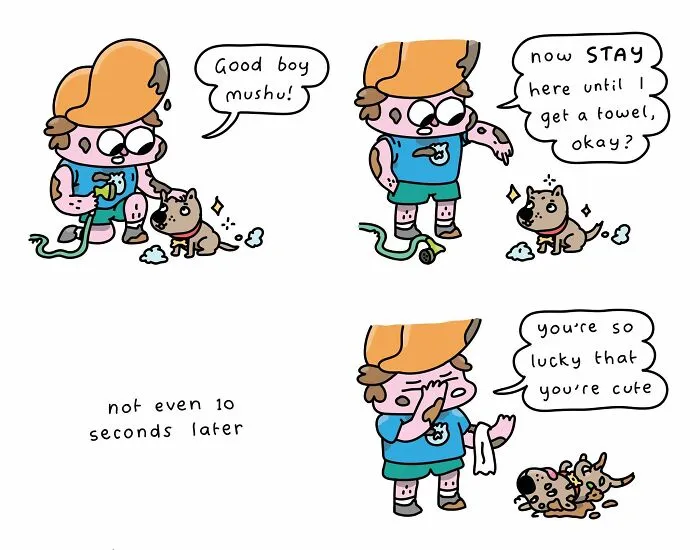 Comic strip with a cute dog misbehaving, owner expresses frustration and affection.