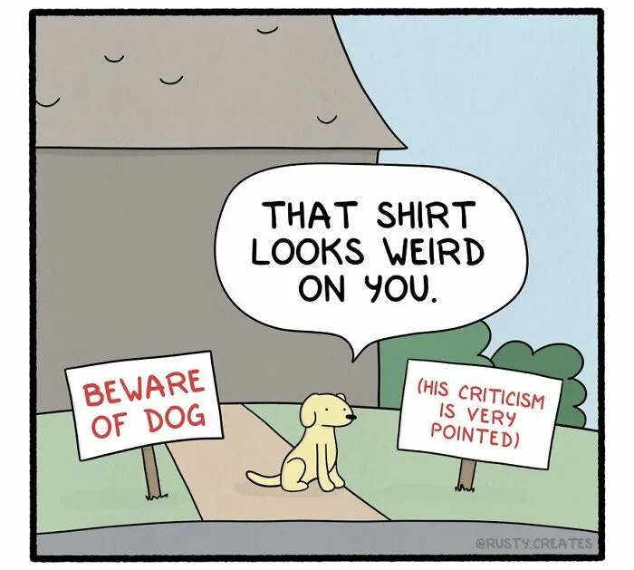 Dog in comic strip humorously critiques a shirt with witty signs around.