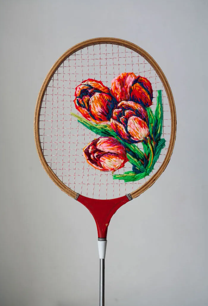 Embroidery On Old Tennis Rackets By Danielle Clough