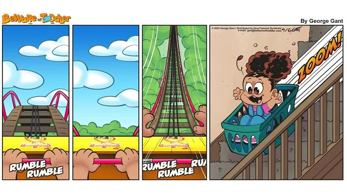 Comic panels showing a child enjoying a laundry basket ride down stairs, illustrating stay-at-home parent experiences humor.