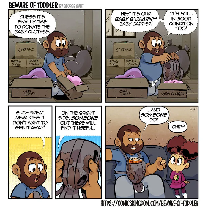 Comic artist humorously packing baby clothes, capturing relatable moments of stay-at-home parenting and toddler memories.