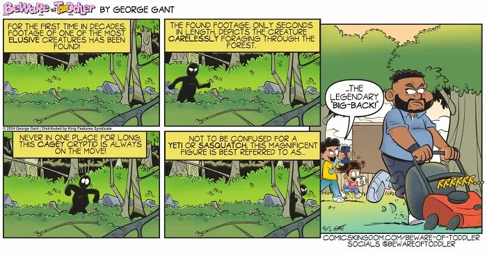 Comic strip depicting stay-at-home parent experiences with humorous moments and family life in a backyard setting.