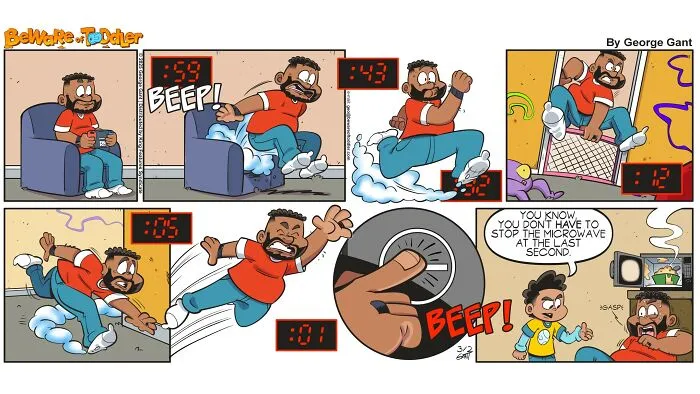 Comic strip showing a stay-at-home parent rushing to stop the microwave just before the timer beeps.