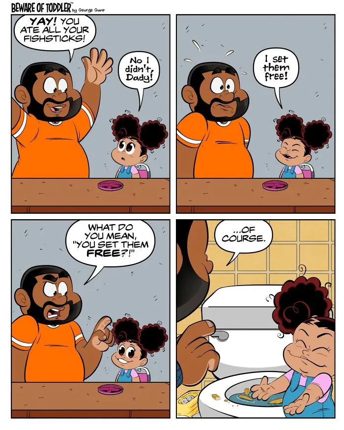 Cartoon comic of stay-at-home parent and toddler with humorous dialogue about fishsticks at the table.