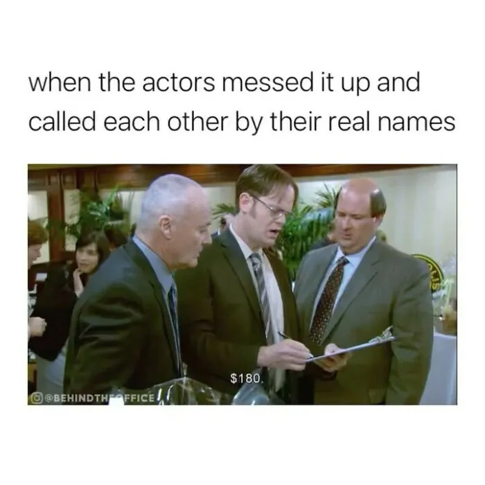 Three 'The Office' characters in a scene, one holding a piece of paper, with humorous text about actors using real names.