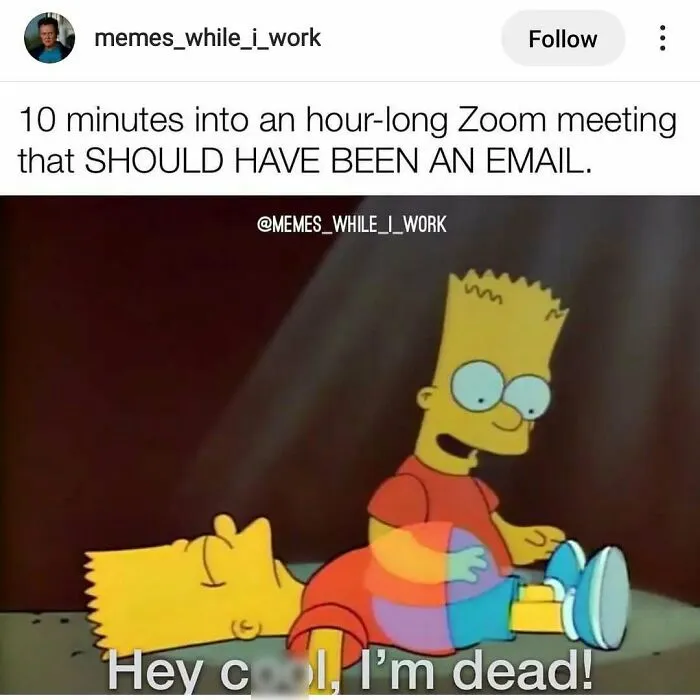 Cartoon character looking at their own ghost, humorously captioned about long Zoom meetings. Funny relatable work memes.
