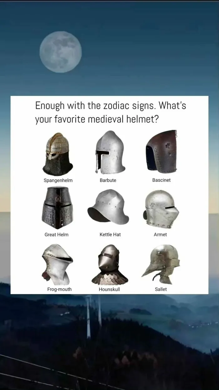 Medieval helmets collection with names including Spangenhelm, Barbute, Bascinet, Great Helm, Kettle Hat, Armet, Frog-mouth, Hounskull, and Sallet.