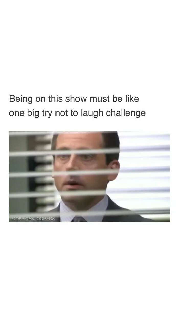 Character from "The Office" looking through blinds with a humorous caption about trying not to laugh.