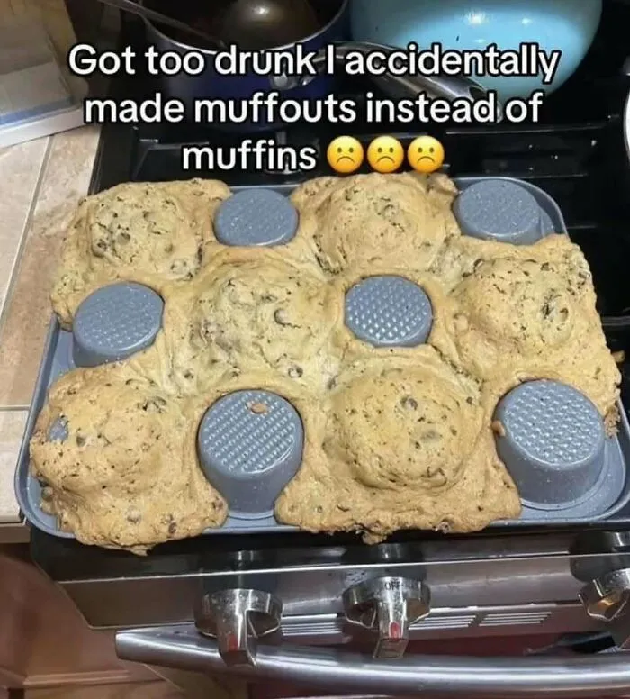 Baking fail with muffins overflowing from the pan, featured as a funny and random shower thought on IG page.