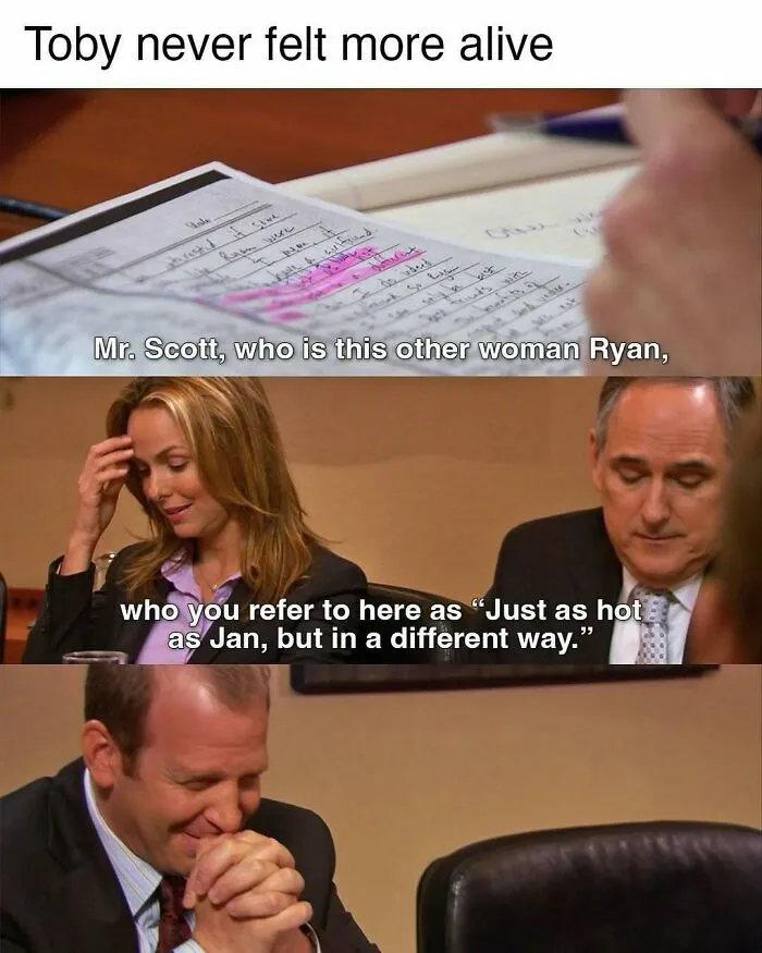 Scene from 'The Office' with Toby looking pleased, highlighting humorous office drama in a meeting setting.