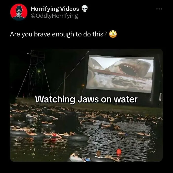People floating in tubes on water, watching a shark scene from "Jaws" on an outdoor screen. Unnerving outdoor movie experience.