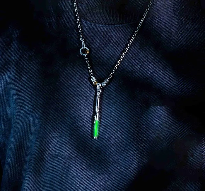 Hand-Carved Mandalorian Lightsaber Tritium Necklace – 925 Sterling Silver Pendant With Glowing Vial & Titanium Steel Chain