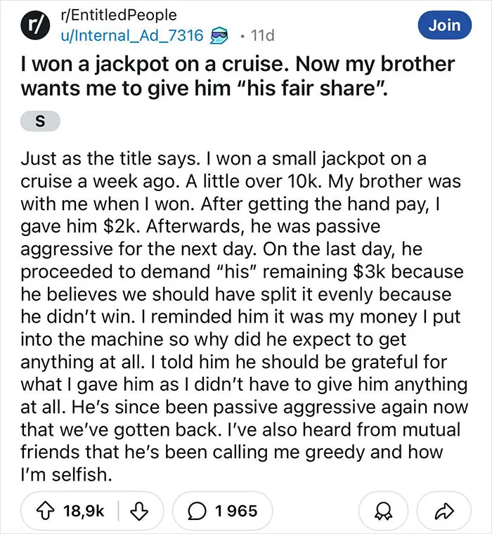 I Won A Jackpot On A Cruise. Now My Brother Wants Me To Give Him “His Fair Share”