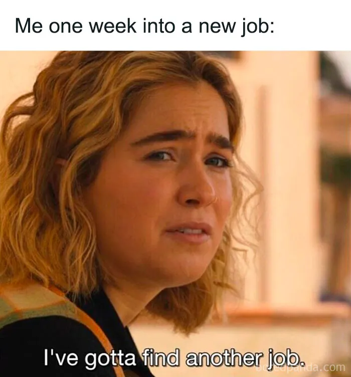 Struggling employee meme showing a person saying, "I've gotta find another job," one week into a new position.