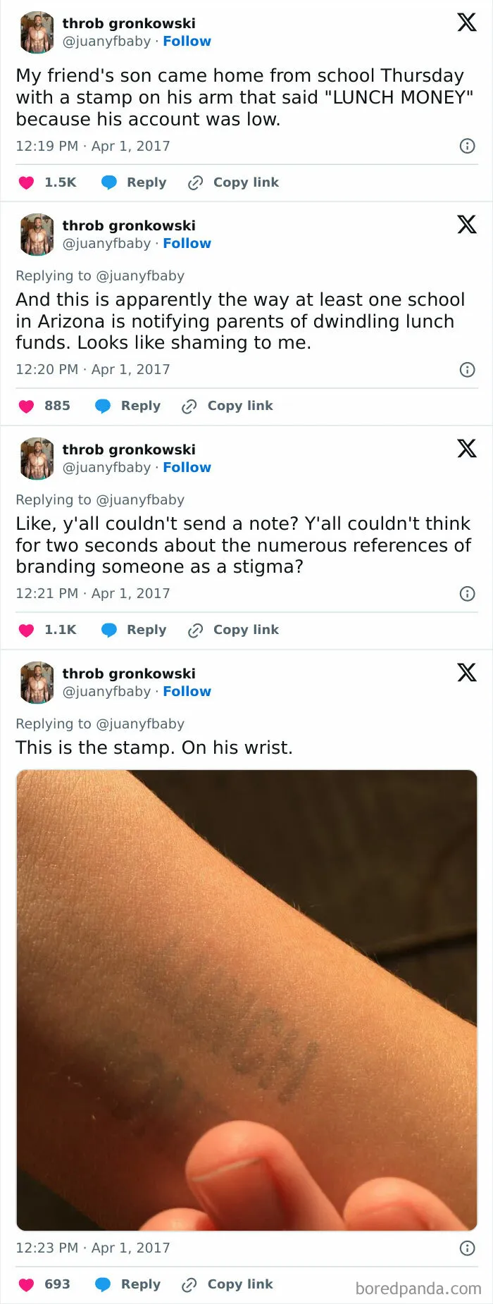 "My Friend's Son Came Home From School Thursday With A Stamp On His Arm That Said "Lunch Money" Because His Account Was Low"