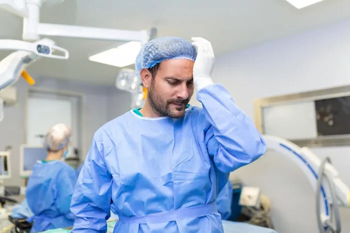 Doctor in scrubs looking pensive, hand on head, illustrating common questions asked by friends.